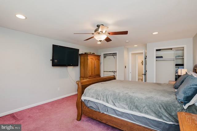 bedroom with carpet floors, recessed lighting, a closet, ceiling fan, and baseboards