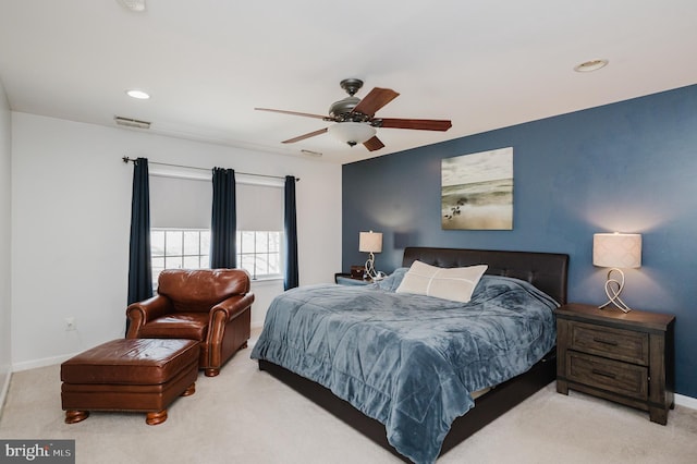 bedroom with recessed lighting, carpet flooring, visible vents, a ceiling fan, and baseboards