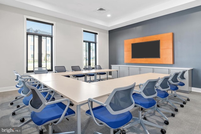 office space featuring recessed lighting, carpet, visible vents, and baseboards