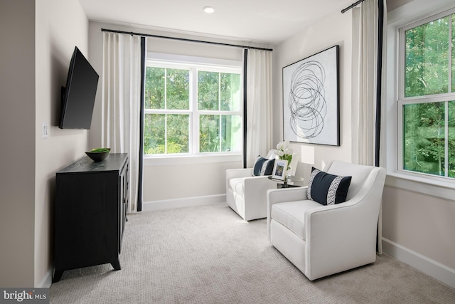 sitting room featuring carpet flooring and baseboards