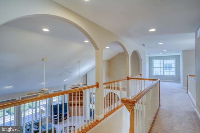 hallway with baseboards, carpet flooring, and recessed lighting