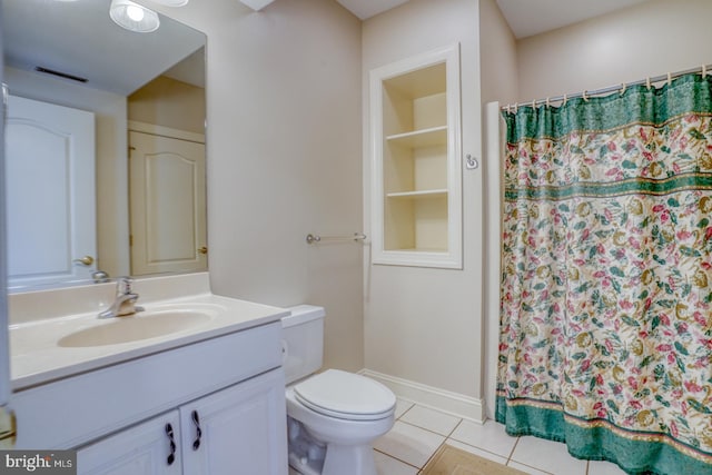 full bathroom featuring curtained shower, visible vents, toilet, vanity, and tile patterned floors