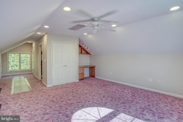 additional living space featuring visible vents, baseboards, carpet flooring, and recessed lighting