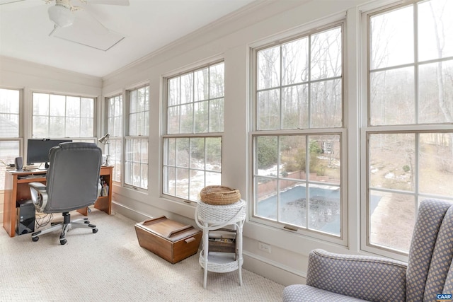 carpeted office with baseboards and ornamental molding