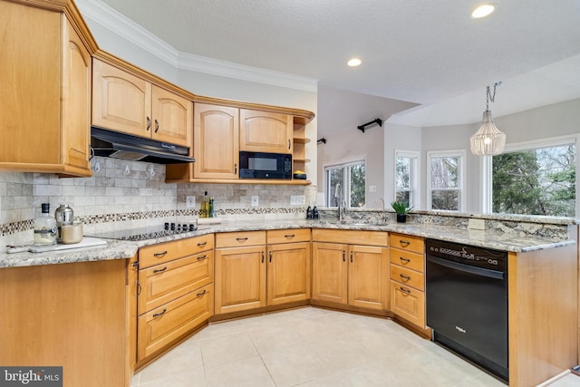 kitchen with under cabinet range hood, a peninsula, a sink, light stone countertops, and black appliances