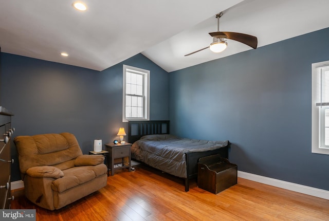 bedroom featuring baseboards, lofted ceiling, ceiling fan, wood finished floors, and recessed lighting