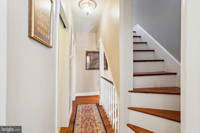 hallway with stairs, baseboards, and wood finished floors