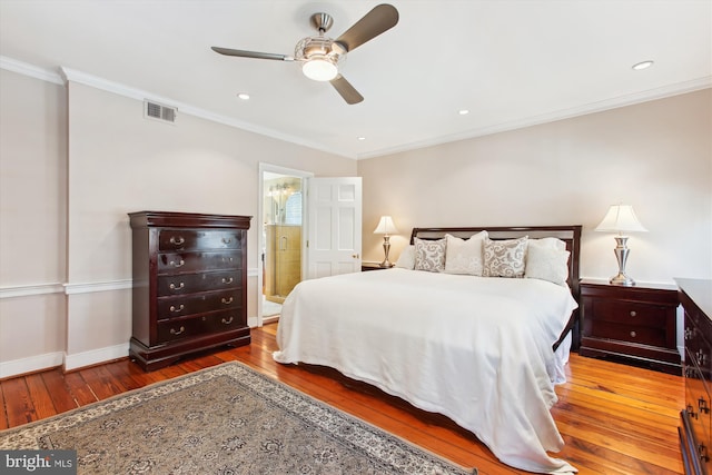 bedroom featuring visible vents, baseboards, ornamental molding, recessed lighting, and wood-type flooring