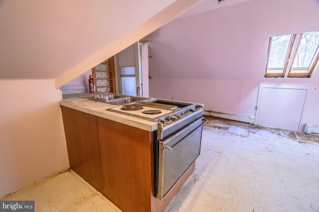 kitchen with light floors, vaulted ceiling with skylight, a baseboard radiator, and white electric range oven