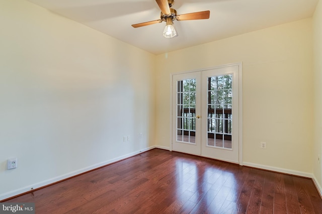 unfurnished room with french doors, wood finished floors, a ceiling fan, and baseboards