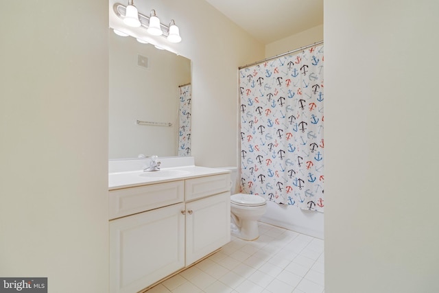 bathroom with shower / bath combination with curtain, visible vents, toilet, vanity, and tile patterned flooring