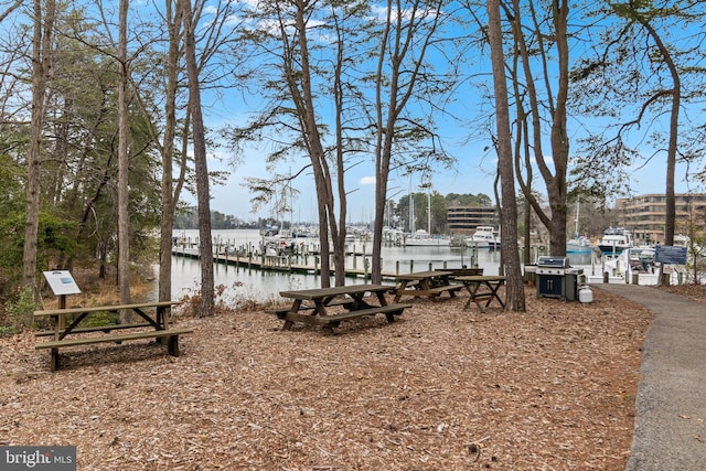 view of yard featuring a dock and a water view