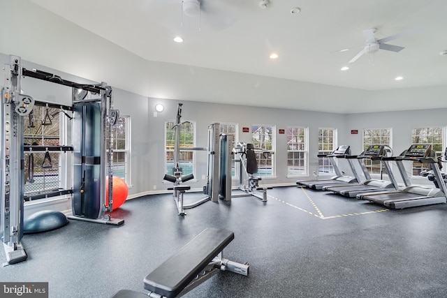 exercise room featuring recessed lighting and ceiling fan