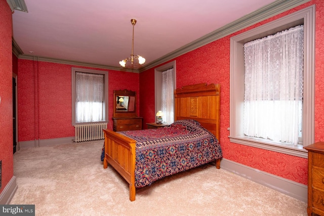 bedroom with carpet, crown molding, radiator heating unit, an inviting chandelier, and wallpapered walls