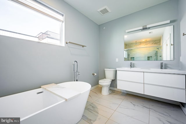 bathroom with marble finish floor, a marble finish shower, double vanity, visible vents, and a freestanding tub