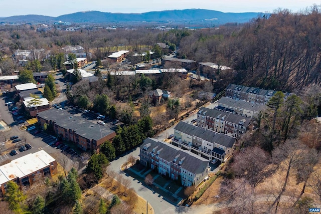 bird's eye view featuring a mountain view and a wooded view