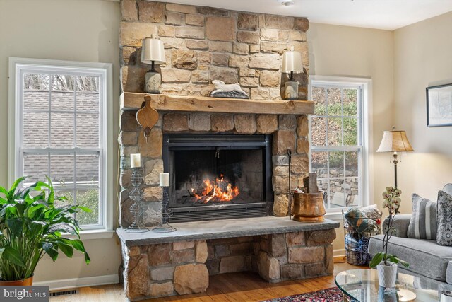 53 S Main St, Stockton, NJ 08559 - interior details with wood finished floors, a stone fireplace, baseboards, and visible vents