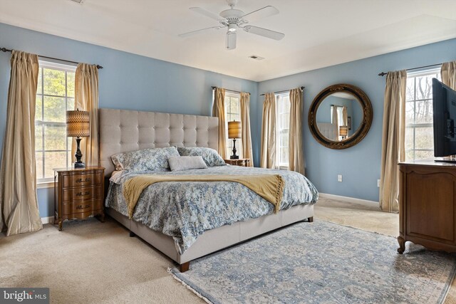 53 S Main St, Stockton, NJ 08559 - bedroom with baseboards, visible vents, a ceiling fan, and light colored carpet