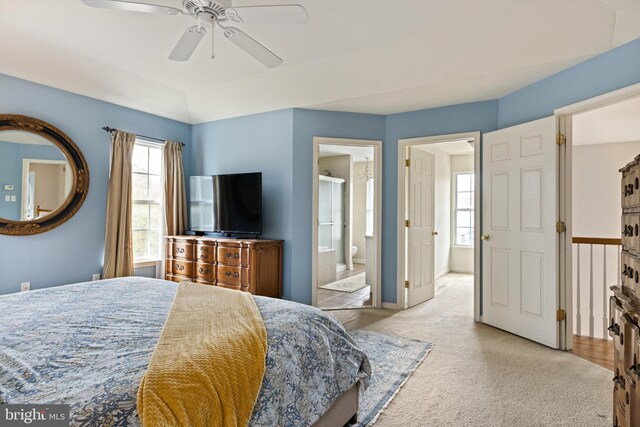53 S Main St, Stockton, NJ 08559 - carpeted bedroom with baseboards, lofted ceiling, connected bathroom, and a ceiling fan