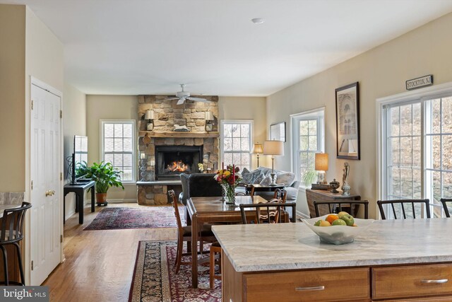 53 S Main St, Stockton, NJ 08559 - dining area featuring a stone fireplace, wood finished floors, a ceiling fan, and plenty of natural light