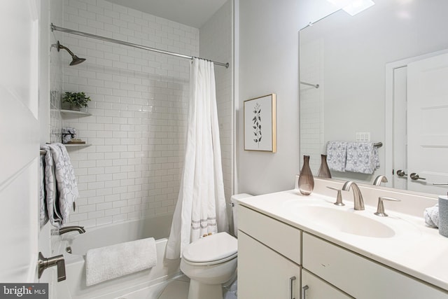 full bathroom with toilet, shower / bathtub combination with curtain, and vanity