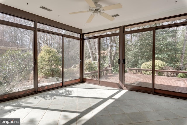 unfurnished sunroom featuring ceiling fan, visible vents, and a wealth of natural light