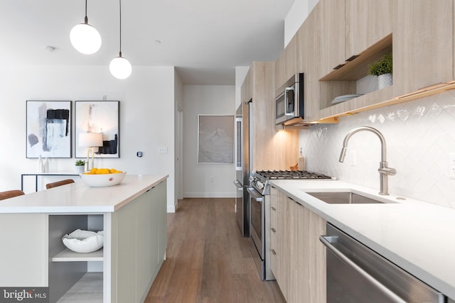 kitchen featuring open shelves, modern cabinets, and light brown cabinets