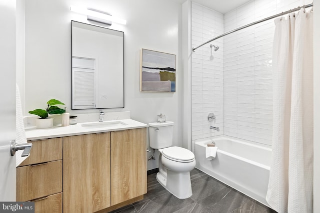 full bathroom with shower / bath combo, baseboards, vanity, and toilet