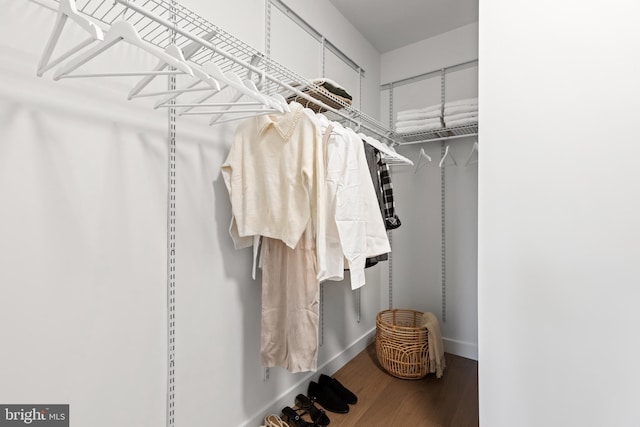 walk in closet with wood finished floors