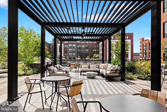 view of patio featuring outdoor dining area, an outdoor living space, and a pergola