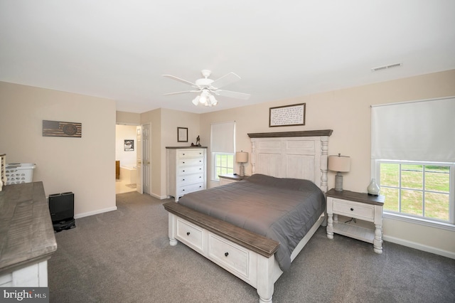 bedroom featuring a ceiling fan, baseboards, visible vents, and carpet flooring