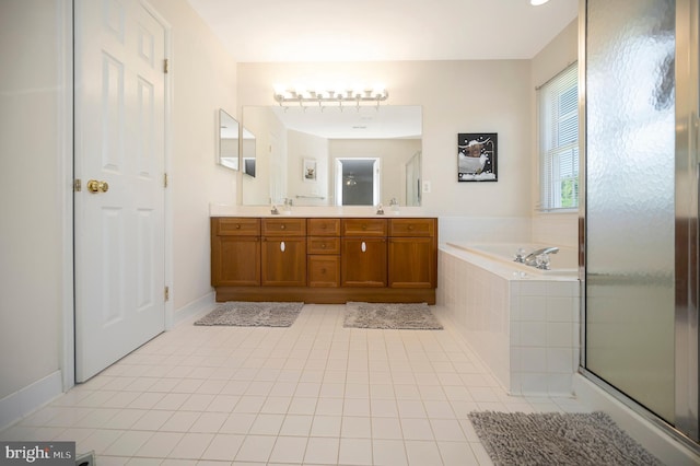 full bathroom with double vanity, baseboards, a shower with door, tile patterned floors, and a bath