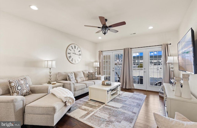 living room with recessed lighting, ceiling fan, and wood finished floors