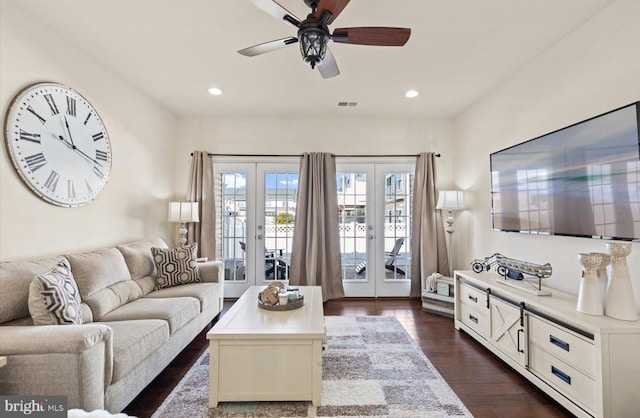 living area with recessed lighting, dark wood-style flooring, a ceiling fan, visible vents, and french doors