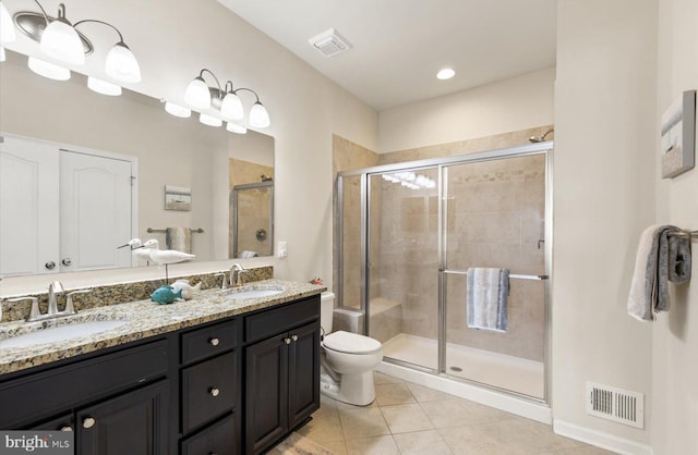 full bath with a stall shower, a sink, visible vents, and tile patterned floors