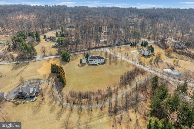 birds eye view of property featuring a forest view