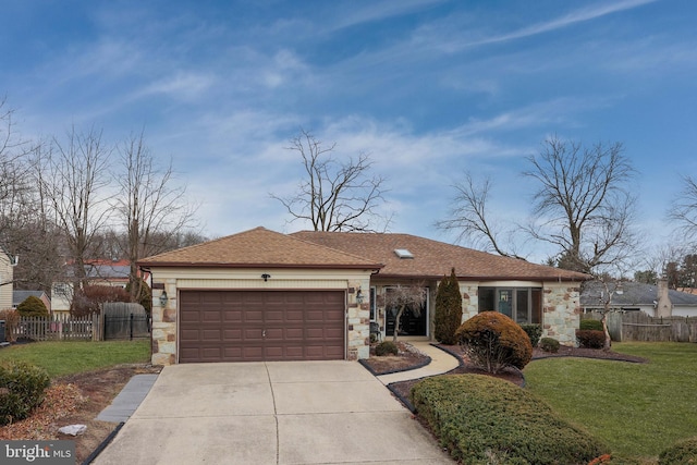 ranch-style home featuring stone siding, a front lawn, and fence