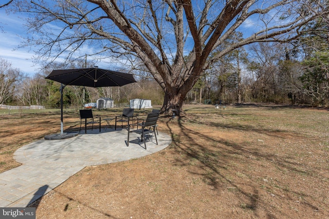 view of yard featuring an outbuilding, a patio area, and a storage unit