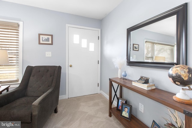 foyer entrance with carpet floors