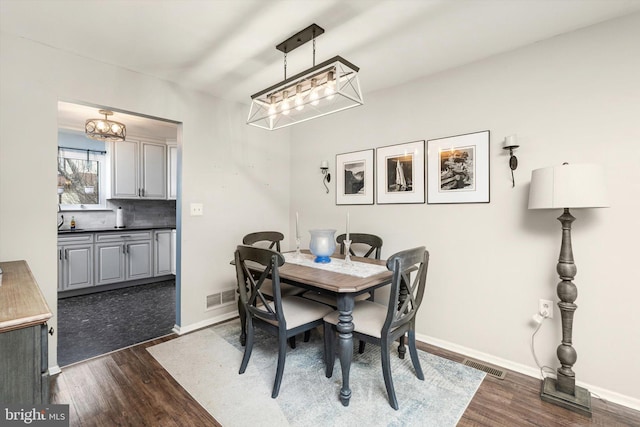 dining room featuring dark wood-style floors, baseboards, and visible vents