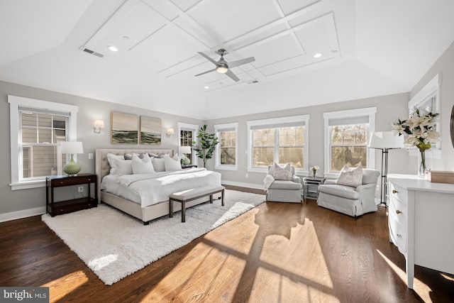 bedroom featuring baseboards, visible vents, a ceiling fan, dark wood-style floors, and recessed lighting