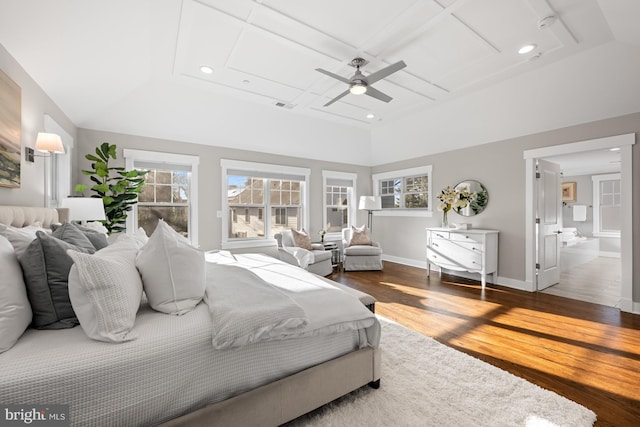 bedroom featuring connected bathroom, recessed lighting, wood finished floors, visible vents, and baseboards