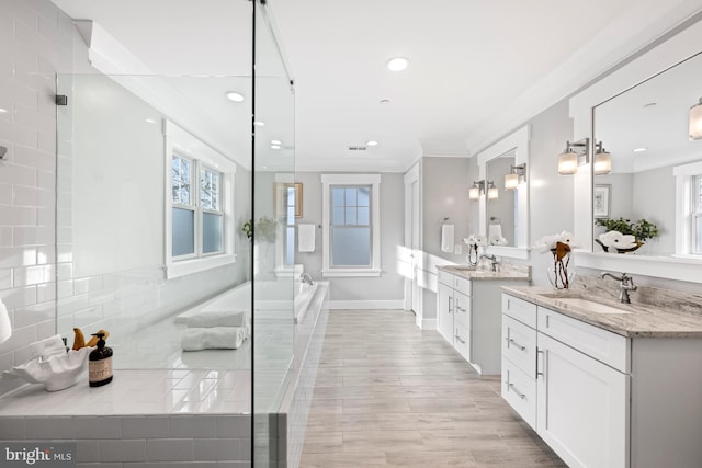 full bath with a healthy amount of sunlight, ornamental molding, a sink, and a bath