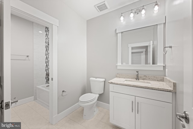 full bath featuring toilet, vanity, baseboards, visible vents, and tile patterned floors