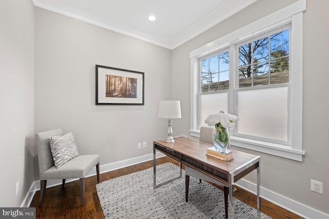 office featuring recessed lighting, crown molding, baseboards, and wood finished floors