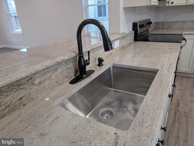 details featuring light stone countertops, a sink, and baseboards