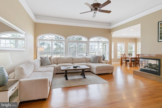 living area with ceiling fan, recessed lighting, light wood-type flooring, and crown molding