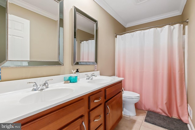 full bath featuring ornamental molding, tile patterned flooring, a sink, and toilet