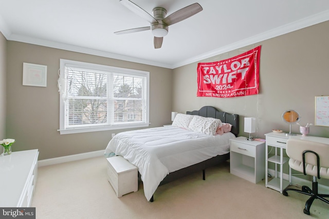 bedroom with ceiling fan, baseboards, crown molding, and light colored carpet