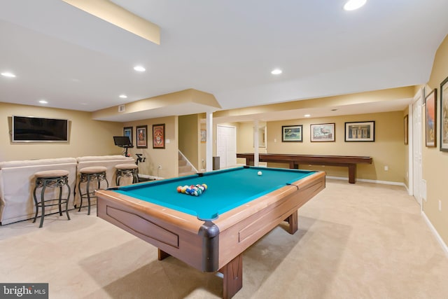 game room featuring baseboards, light colored carpet, pool table, a bar, and recessed lighting